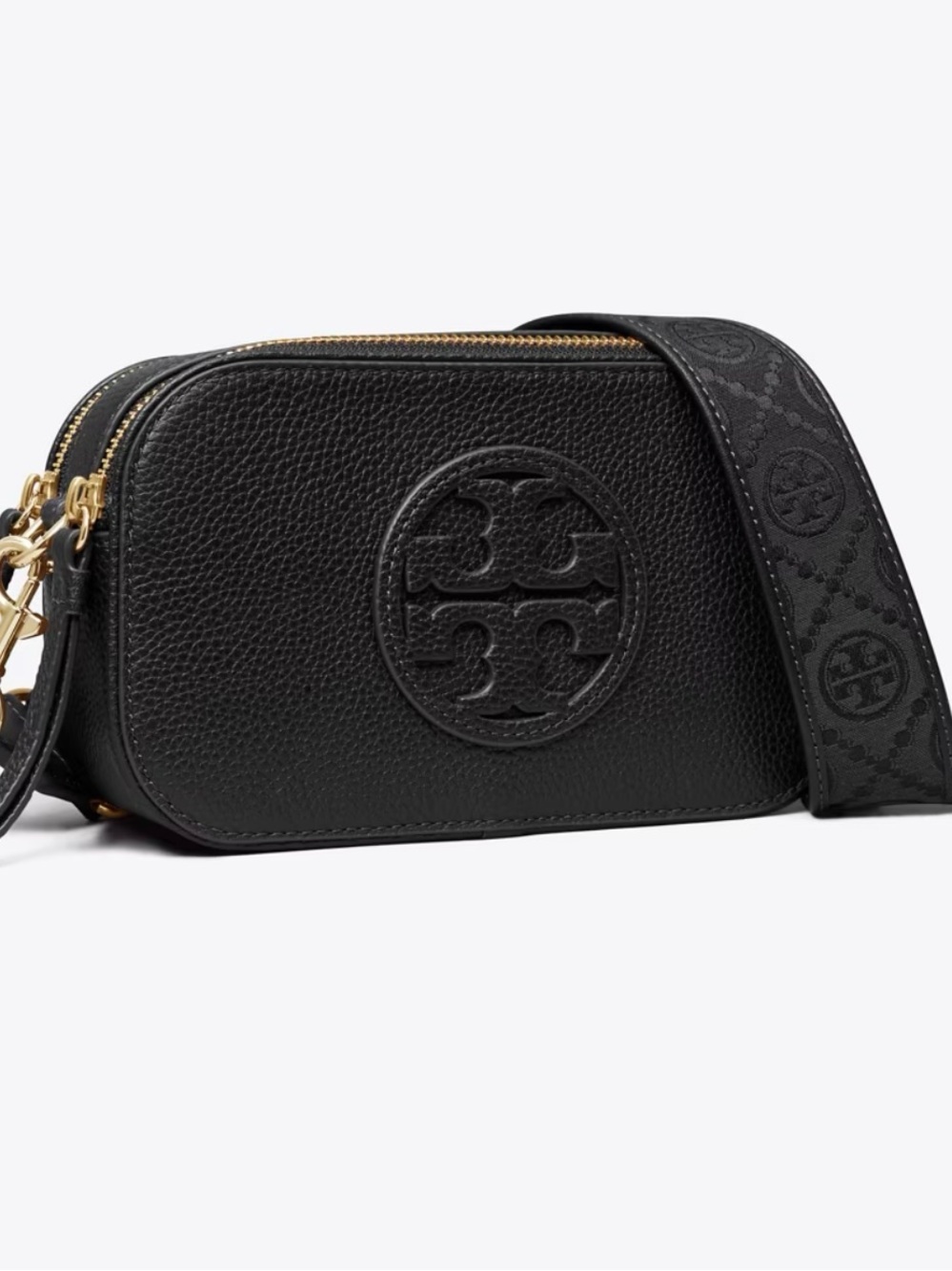 Tory Burch Black Logo-Embossed Pebbled Leather Crossbody with Jacquard Strap